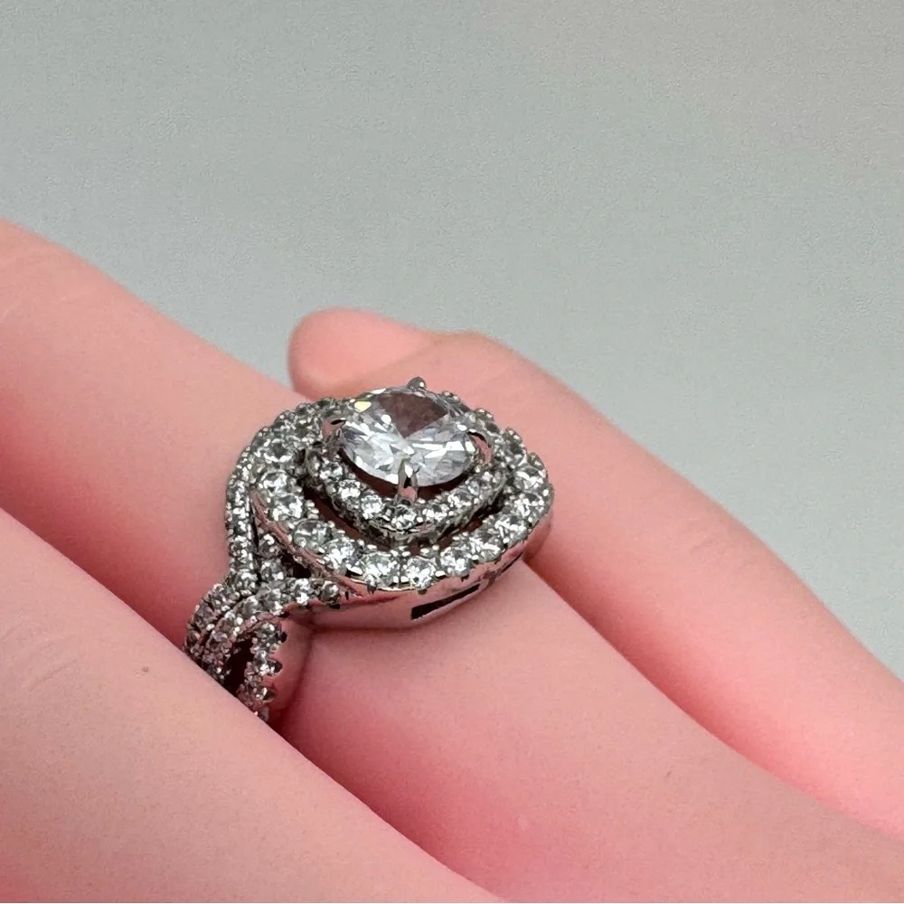 925 Sterling Silver Diamond Engagement Bridal Wedding 2 Band Ring Set Sz 5‎